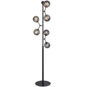 Kouřově šedá skleněná stojací lampa Halo Design Atom 155 cm