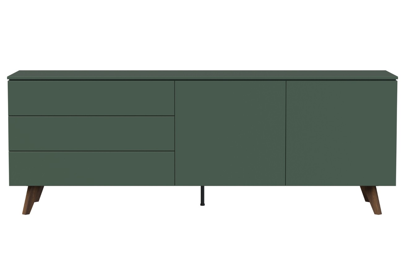 Zelená lakovaná komoda Tenzo Plain 210 x 45 cm s dřevěnou podnoží